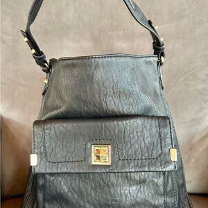 Jessica Simpson Black Leather Shoulder Bag with Gold Accents